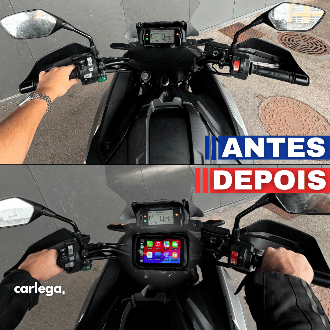 Comparação antes e depois do mesmo guiador, sem e com o ecrã BikePlay Pro instalado