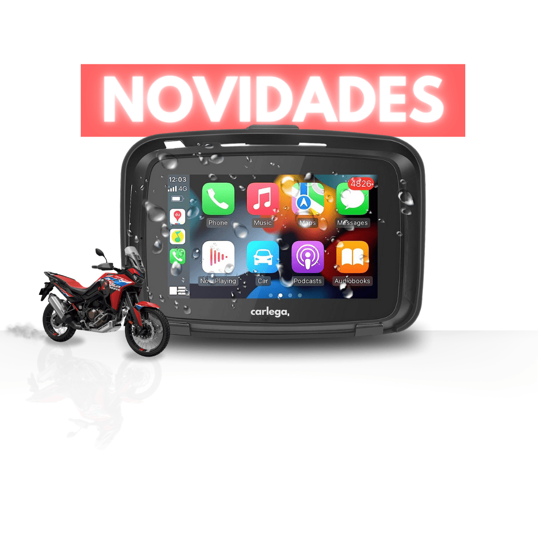 Ecrã Carlega BikePlay para mota, com o selo Novidades e uma moto ao lado