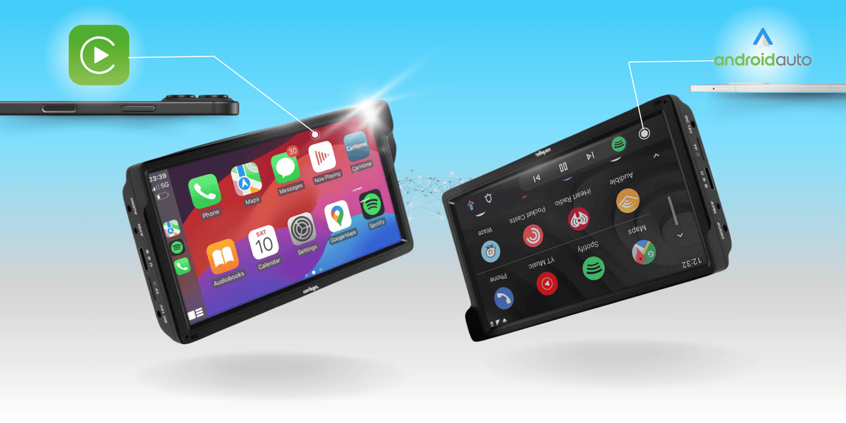 Dois ecrãs Carlega lado a lado, um com CarPlay e outro com Android Auto