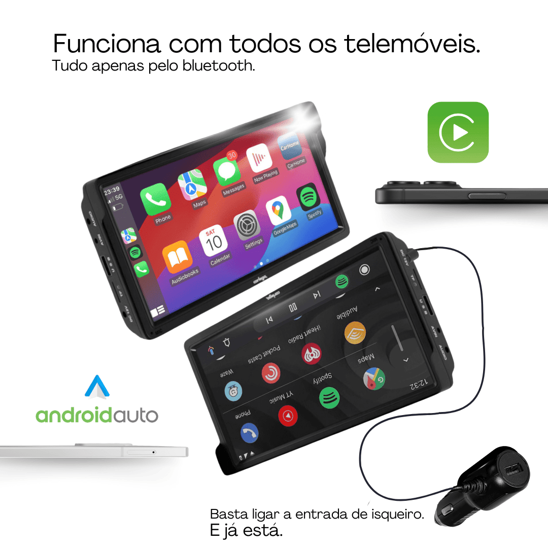 Ecrãs Carlega a funcionar com todos os telemóveis por Bluetooth, bastando ligar ao isqueiro
