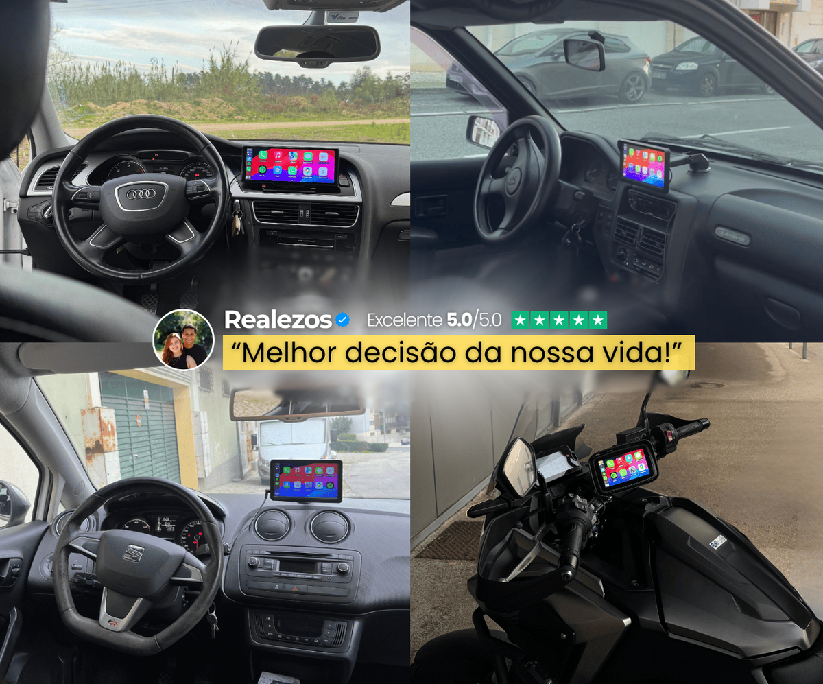 Quatro instalações do ecrã Carlega em carros e mota, com a avaliação Melhor decisão da nossa vida