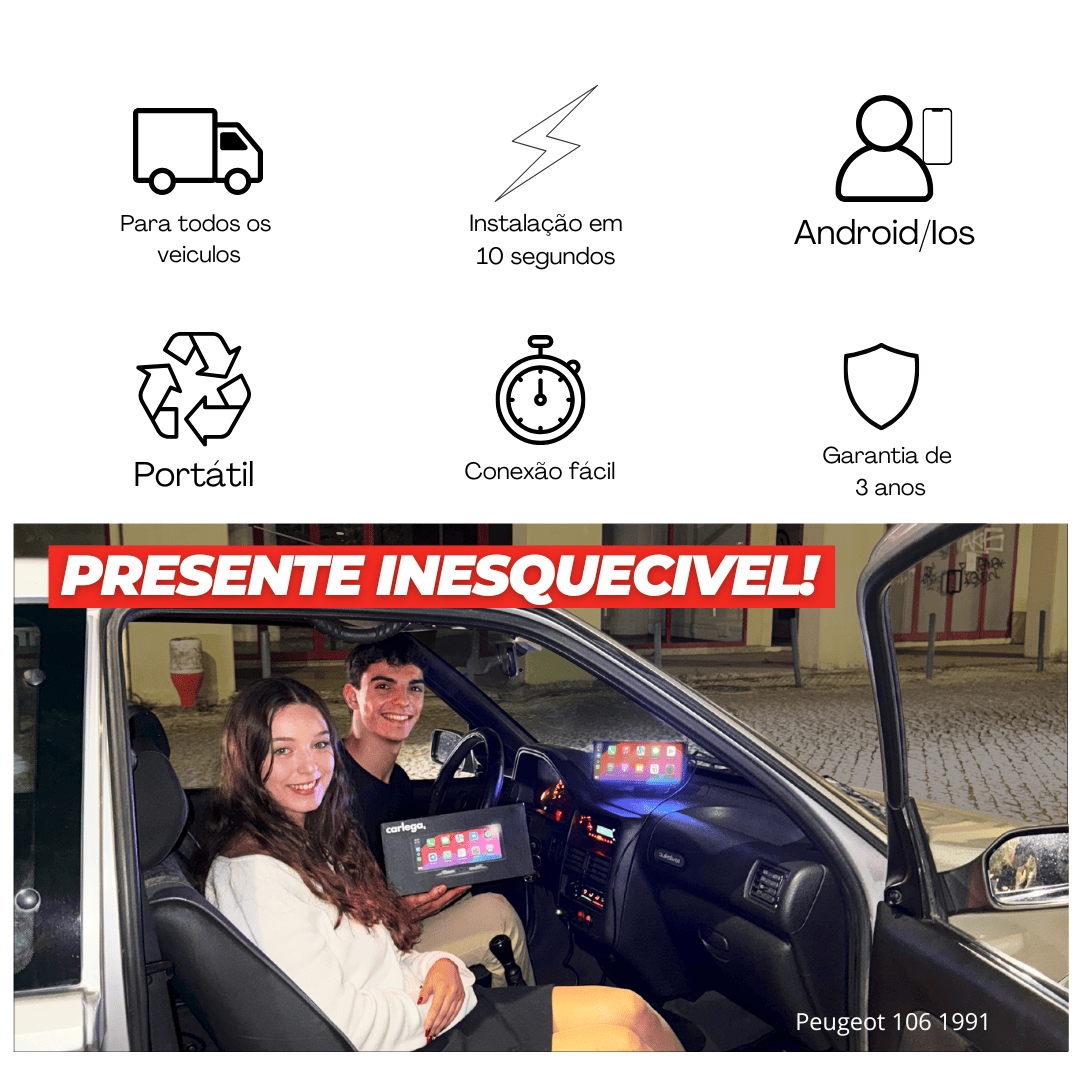 Casal dentro de um Peugeot 106 de 1991 com o ecrã Carlega instalado, sob o mote Presente inesquecível