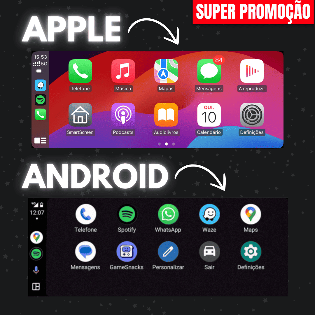 Carlega PRO a correr CarPlay da Apple em cima e Android Auto em baixo, no mesmo ecrã