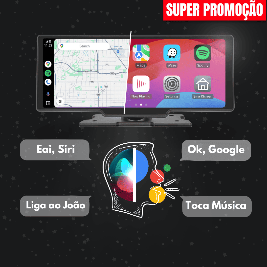 Ecrã Carlega PRO com comandos de voz: Ei Siri, Ok Google, Liga ao João e Toca música
