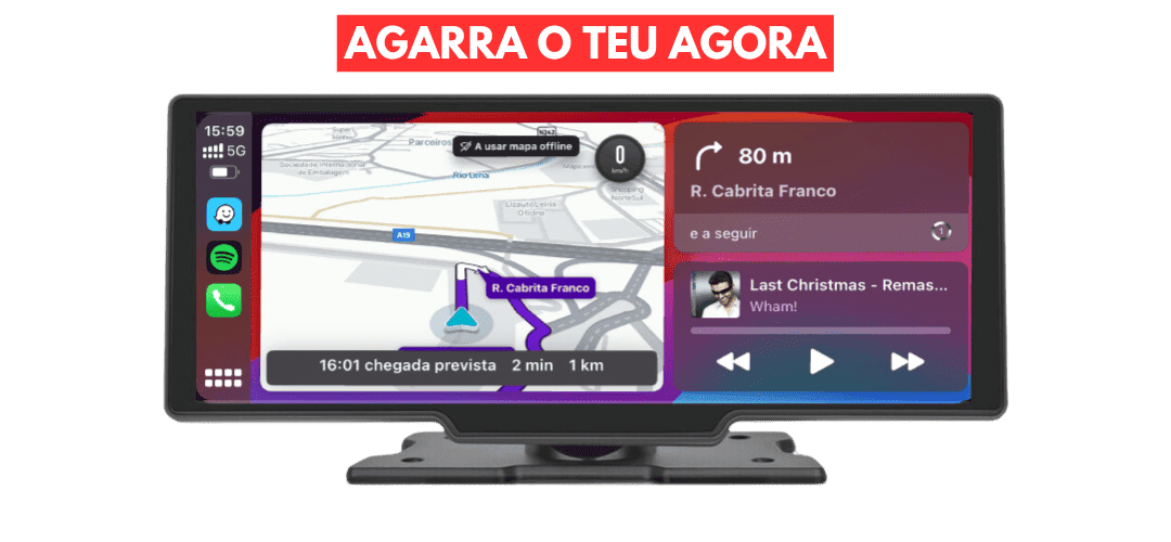 Ecrã Carlega PRO a mostrar navegação e música ao mesmo tempo, com o apelo Agarra o teu agora