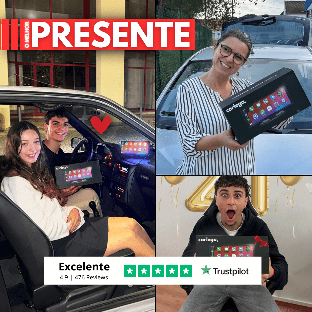 Clientes a receber o Carlega PRO como presente, com a avaliação Excelente de 4,9 no Trustpilot