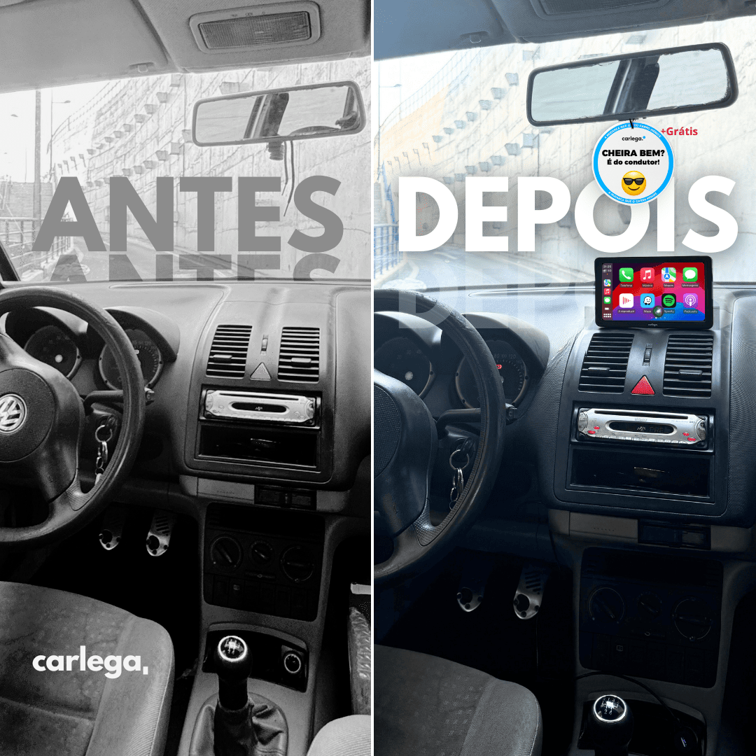 Comparação antes e depois do tablier de um Volkswagen, sem e com o ecrã Carlega X