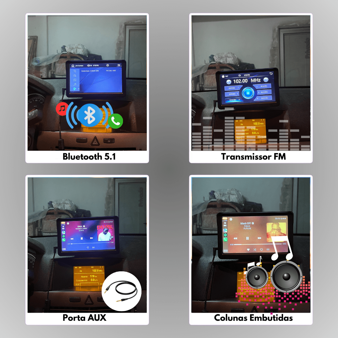 Quatro funções do Carlega X: Bluetooth 5.1, transmissor FM, porta AUX e colunas embutidas