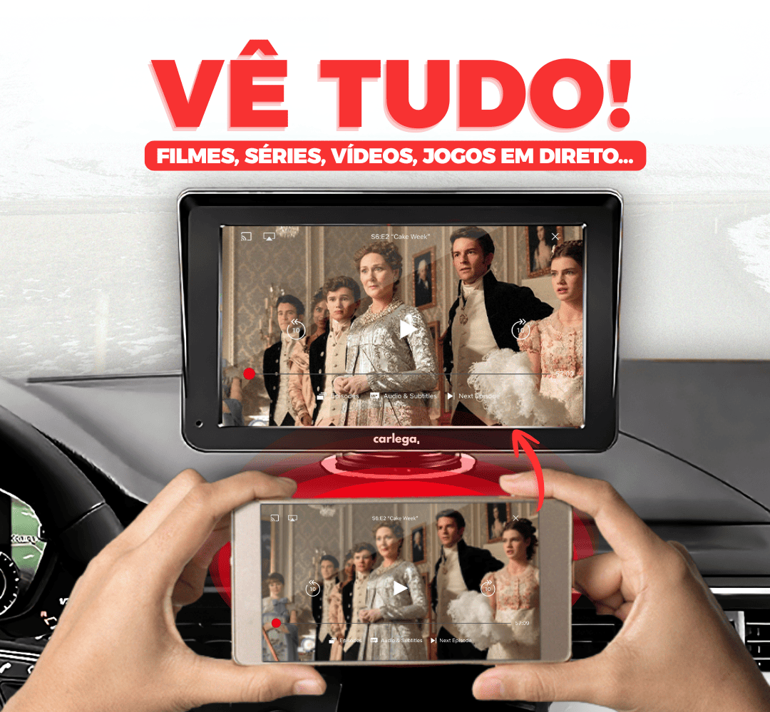 Espelhamento do telemóvel no ecrã Carlega X a passar uma série, com o apelo Vê tudo