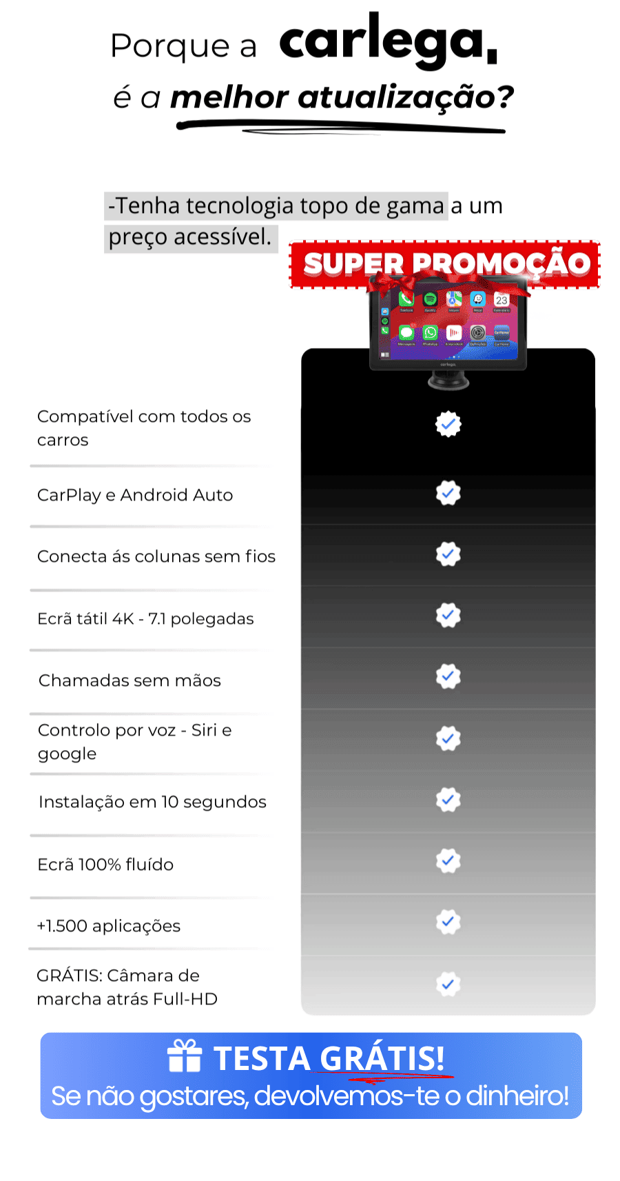 Tabela com as vantagens do Carlega X: compatível com todos os carros, CarPlay e Android Auto, instalação em 10 segundos e câmara grátis