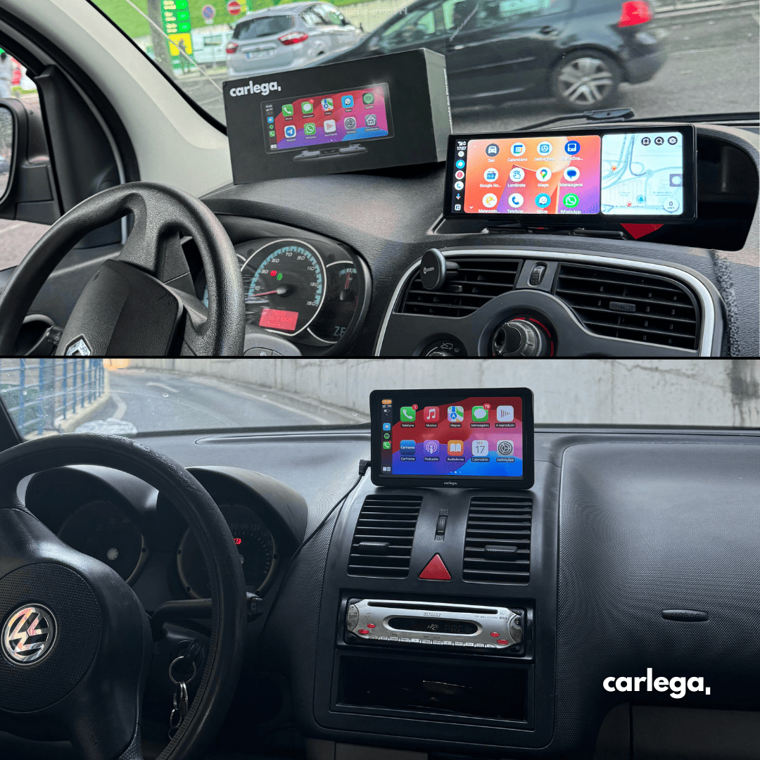 Dois carros diferentes, cada um com o seu ecrã Carlega instalado no tablier