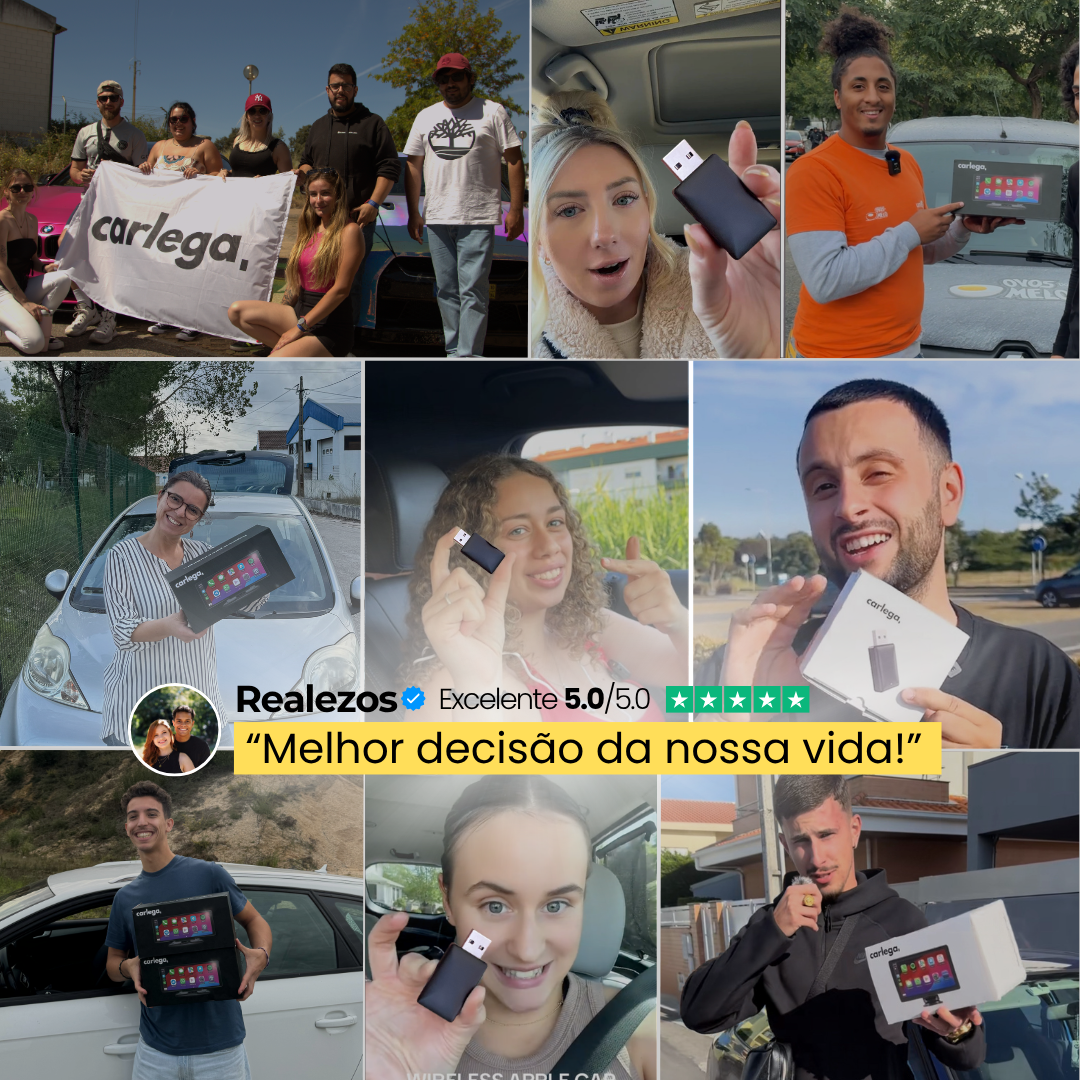 Mosaico de clientes Carlega com a Pen na mão e a avaliação Melhor decisão da nossa vida