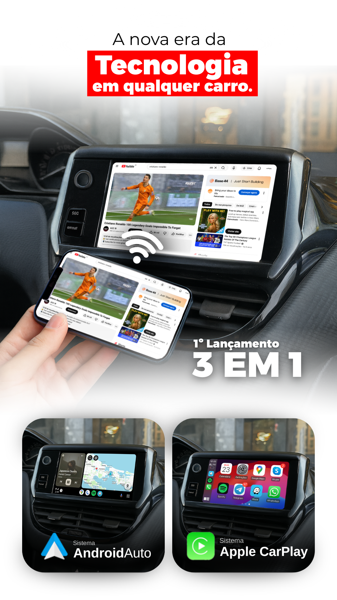 Pen PRO Carlega, função 3 em 1 com CarPlay e Android Auto em qualquer carro