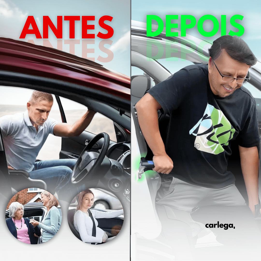 Comparação antes e depois: sair do carro com dificuldade e com a alça de assistência Carlega