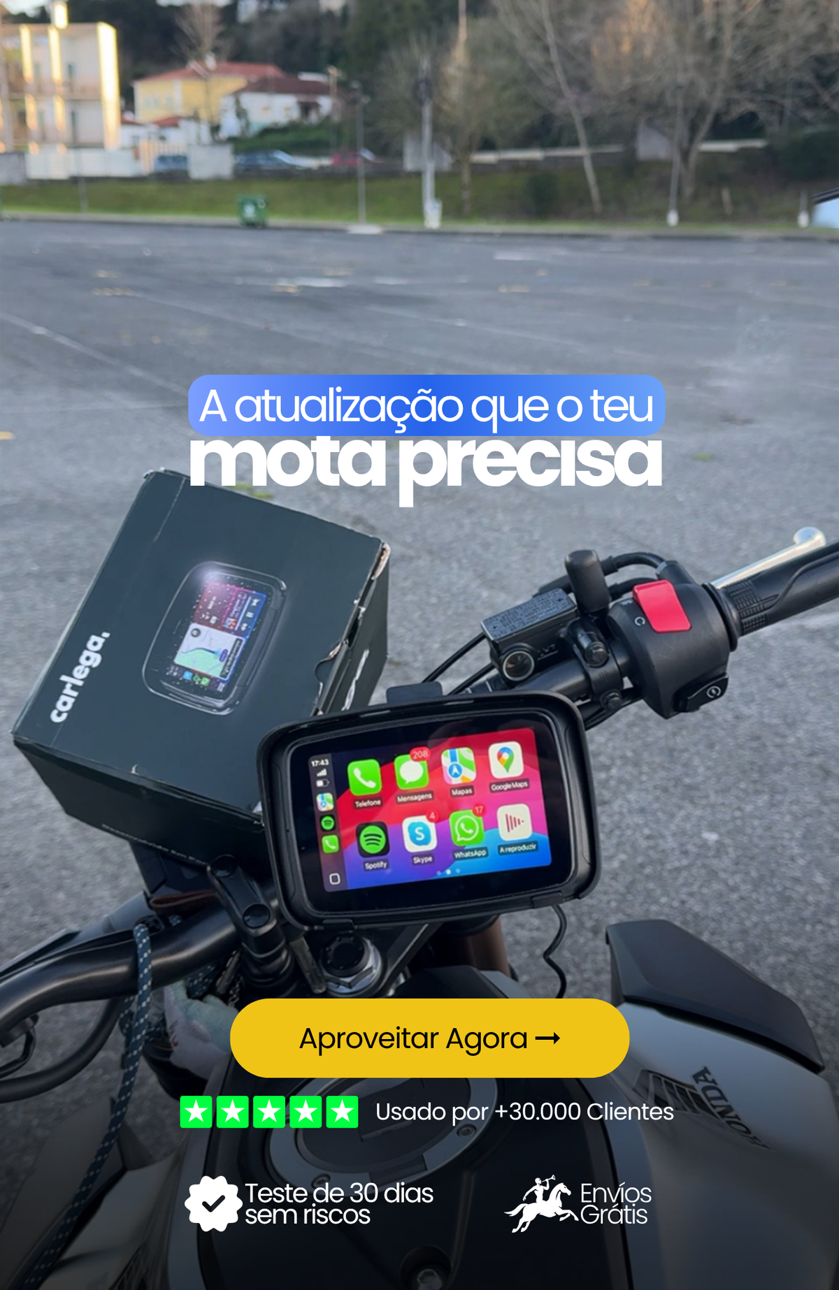 Ecrã BikePlay no guiador com o mote A atualização que a tua mota precisa e teste de 30 dias