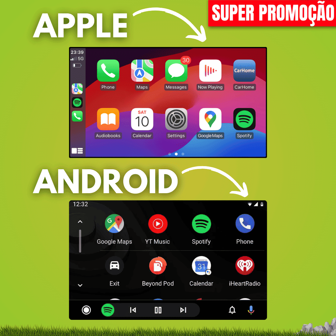 BikePlay a correr CarPlay da Apple em cima e Android Auto em baixo, no mesmo ecrã
