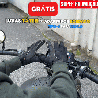 Luvas táteis e adaptador Tipo-C oferecidos com o BikePlay, calçadas no guiador da mota