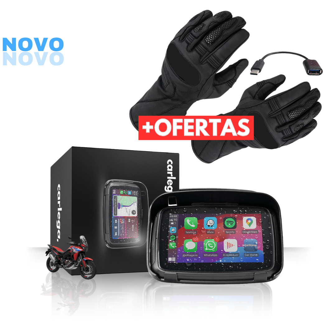 Caixa do BikePlay Pro com as luvas de mota e o adaptador USB oferecidos