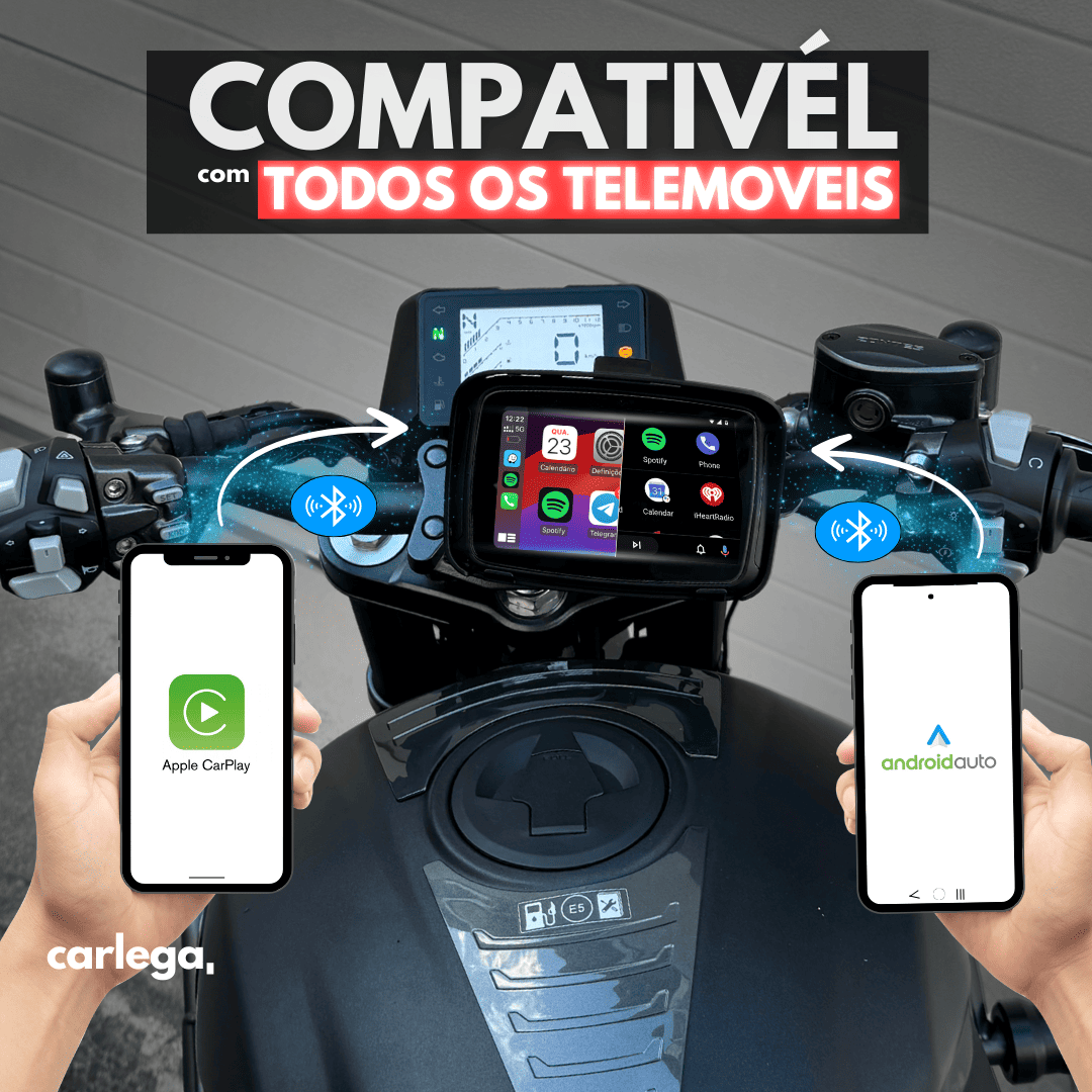 Ecrã BikePlay Pro no guiador a ligar-se por Bluetooth a um iPhone com CarPlay e a um Android com Android Auto