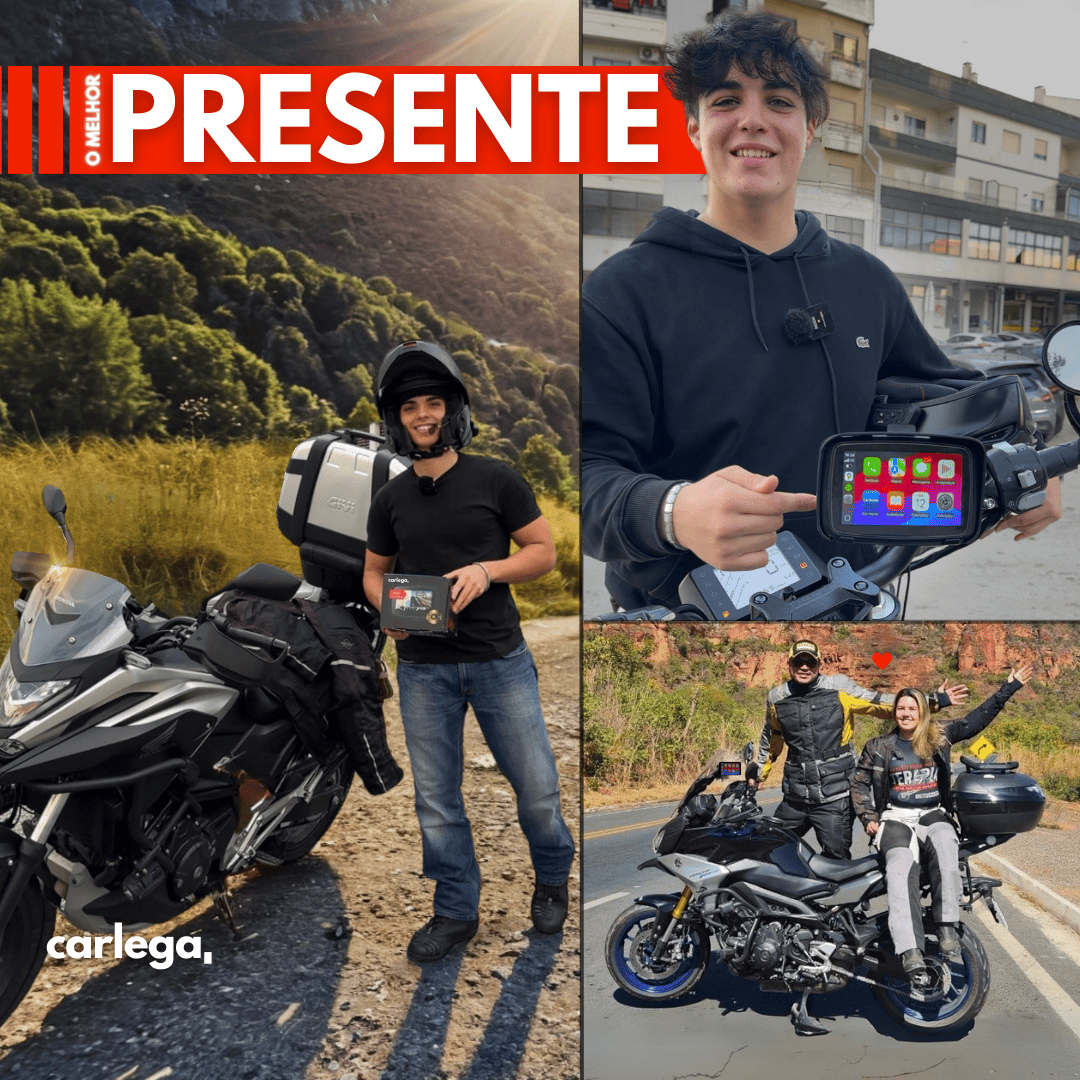 Motociclistas com o ecrã BikePlay Pro nas suas motas, sob o mote O melhor presente