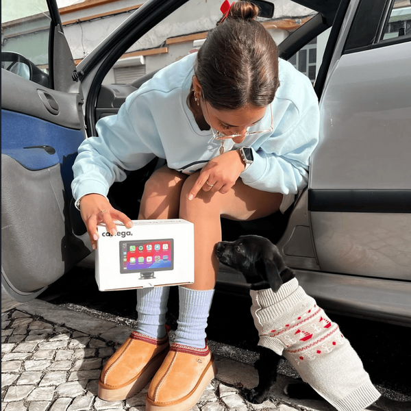 Cliente sentada à porta do carro, com o cão ao lado, a mostrar a caixa do ecrã Carlega