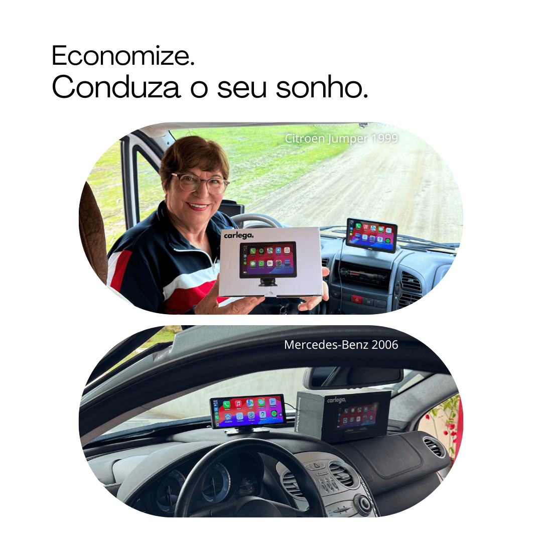Cliente a mostrar o ecrã Carlega no seu Citroen Jumper e num Mercedes-Benz de 2006