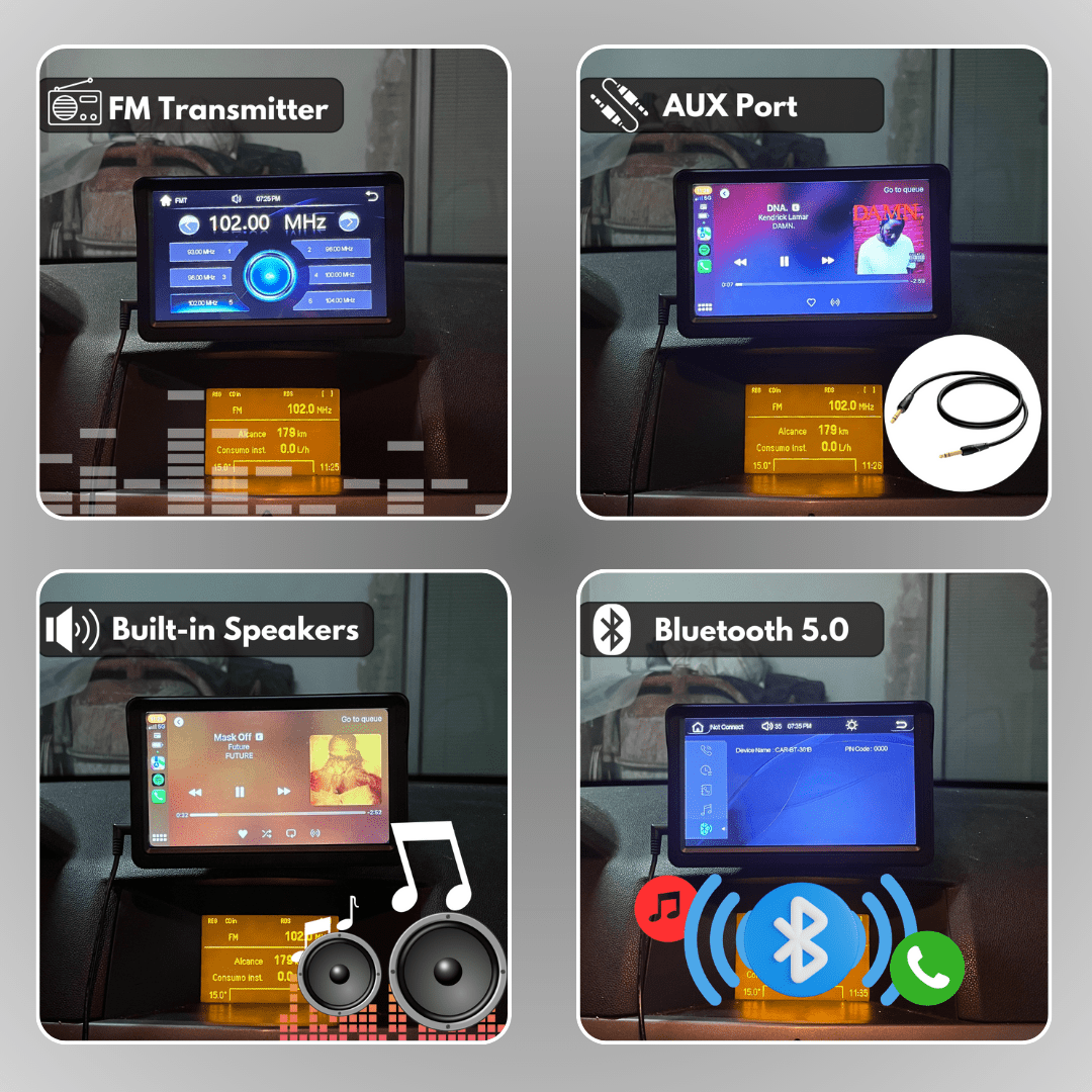 Quatro funções do ecrã Carlega: transmissor FM, porta AUX, colunas embutidas e Bluetooth 5.0