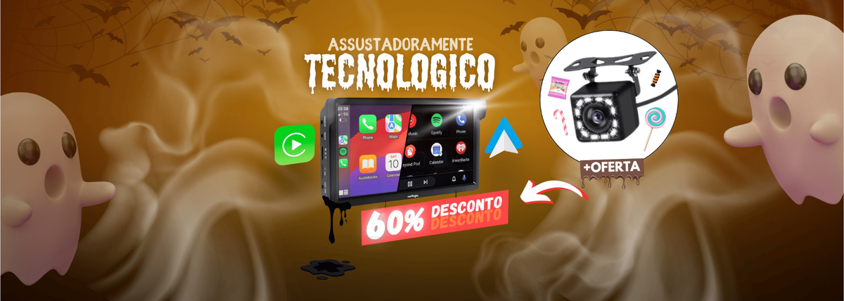 Banner de Halloween da Carlega com o mote Assustadoramente tecnológico e 60% de desconto