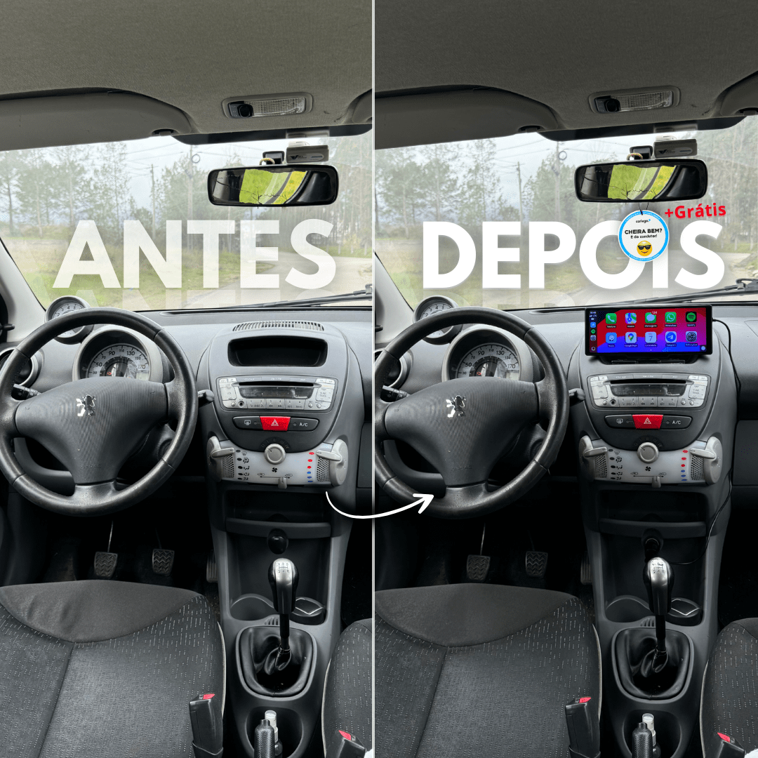 Comparação antes e depois: o mesmo tablier sem e com o ecrã Carlega PRO instalado