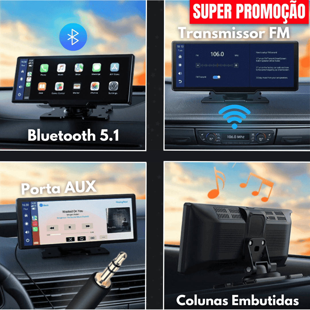Quatro funções do Carlega PRO: Bluetooth 5.1, transmissor FM, porta AUX e colunas embutidas