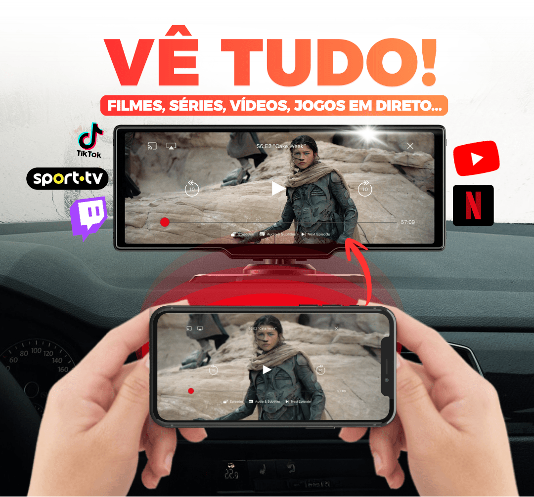 Espelhamento do telemóvel no ecrã Carlega PRO a mostrar filmes e séries, com os logótipos Netflix, TikTok e Sport TV