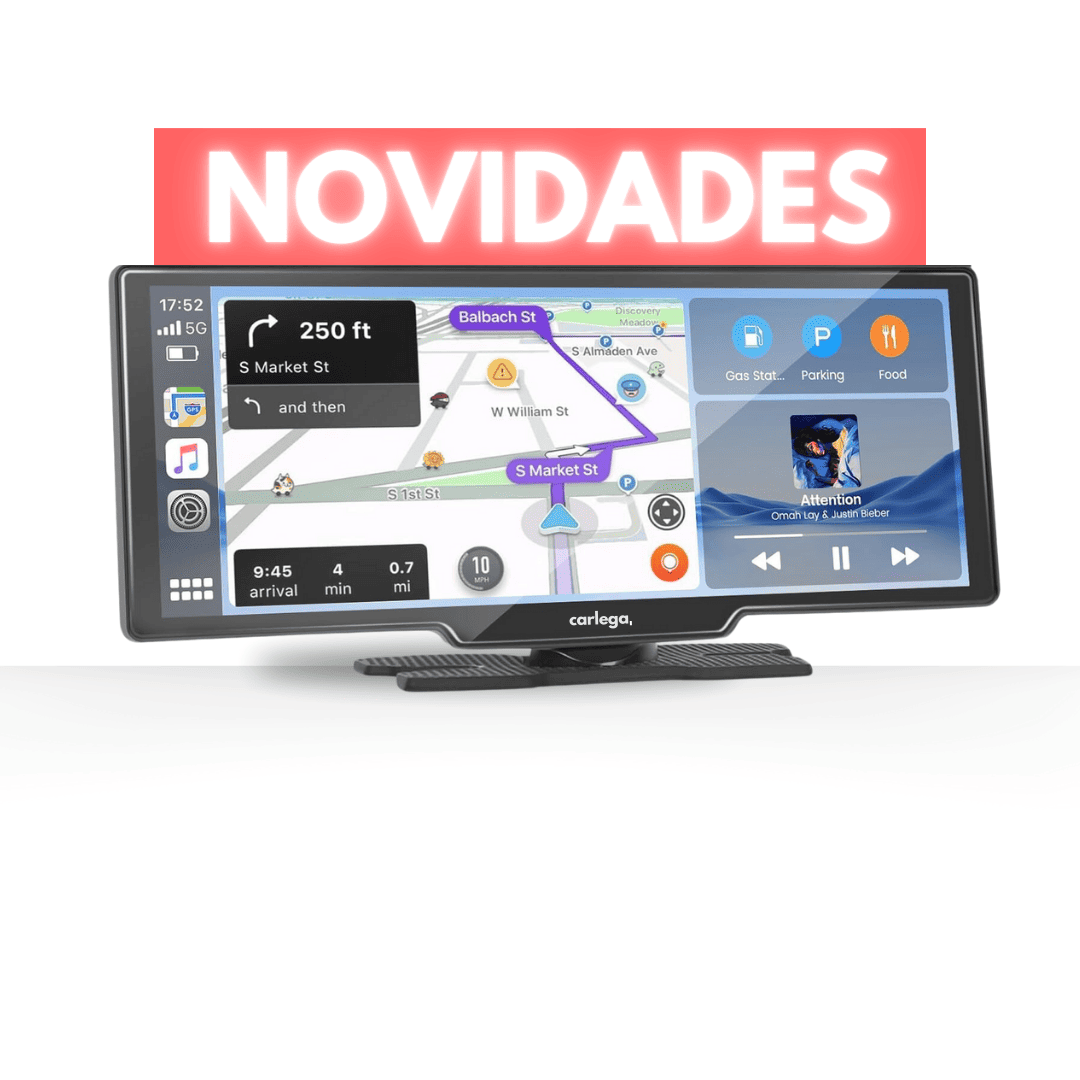 Ecrã Carlega PRO com o selo Novidades, a mostrar navegação e música ao mesmo tempo