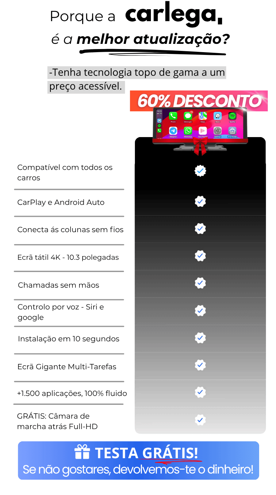Tabela com as vantagens do Carlega PRO: compatível com todos os carros, CarPlay e Android Auto, ecrã 4K de 10,3 polegadas e câmara grátis