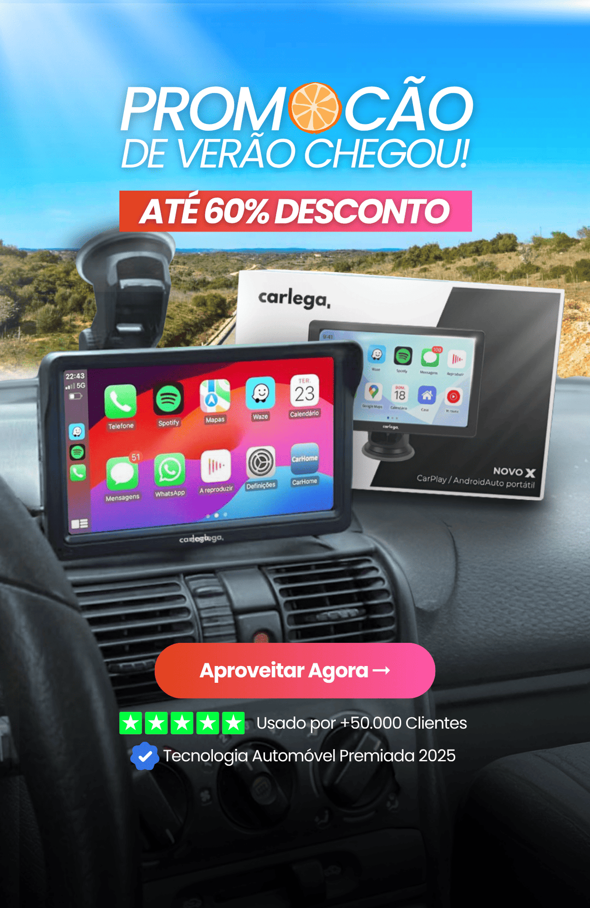 Banner da promoção de verão da Carlega com até 60% de desconto, usado por mais de 50 mil clientes