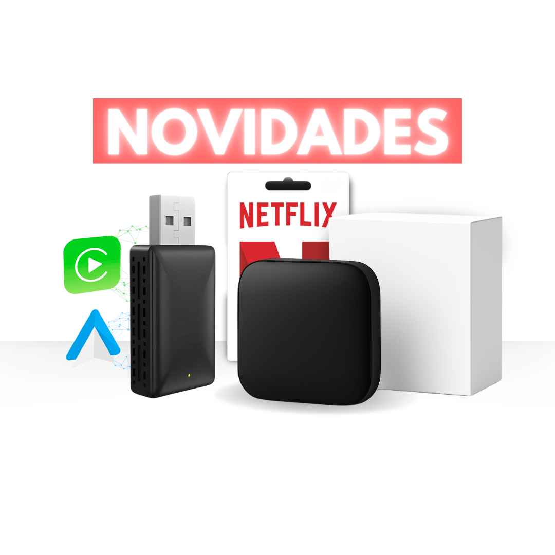 Smart Box Carlega com o logótipo da Netflix e os adaptadores USB, sob o selo Novidades