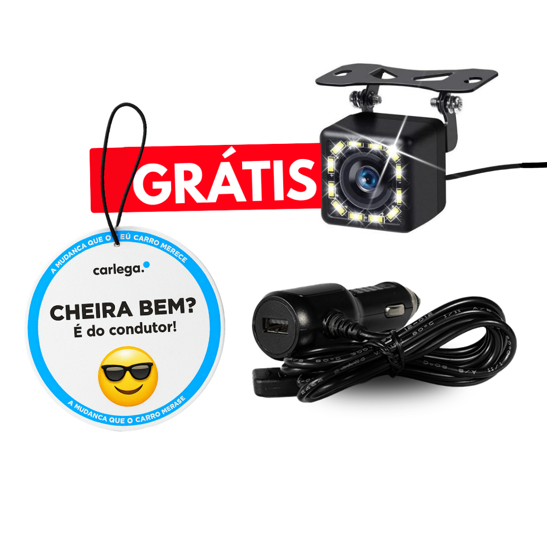Câmara de marcha-atrás com LEDs, cabo de alimentação e ambientador oferecidos com o Carlega X