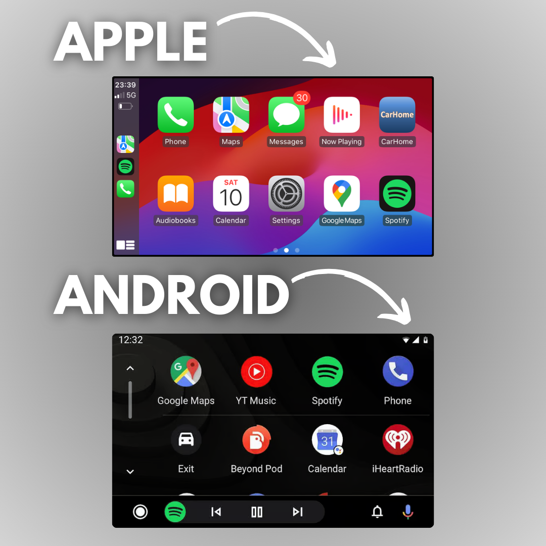 Carlega X a correr CarPlay da Apple em cima e Android Auto em baixo, no mesmo ecrã