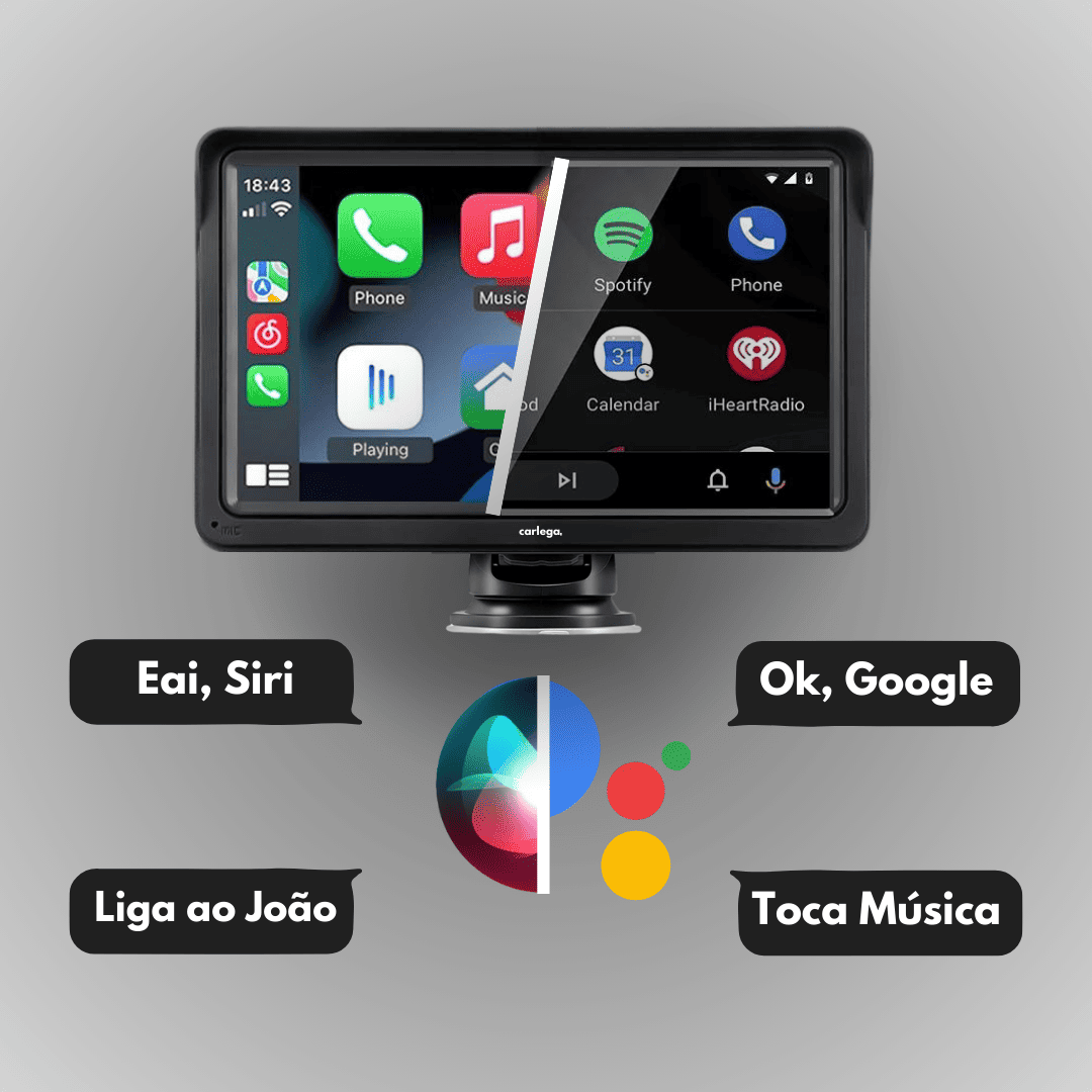 Ecrã Carlega X com comandos de voz: Ei Siri, Ok Google, Liga ao João e Toca música