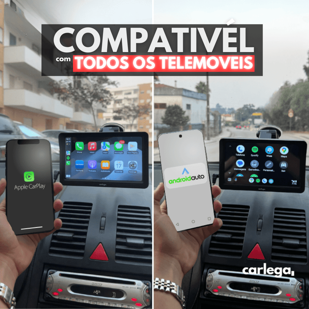 Ecrã Carlega X compatível com todos os telemóveis, com Apple CarPlay de um lado e Android Auto do outro
