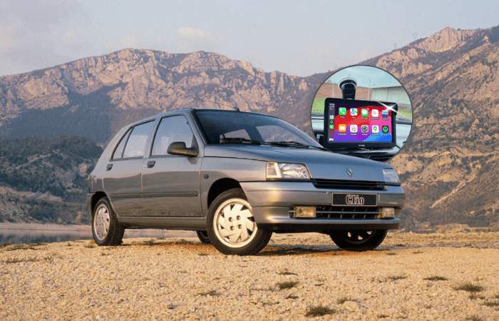 Renault Clio antigo com o ecrã Carlega X em destaque, a mostrar que funciona em carros sem CarPlay de fábrica