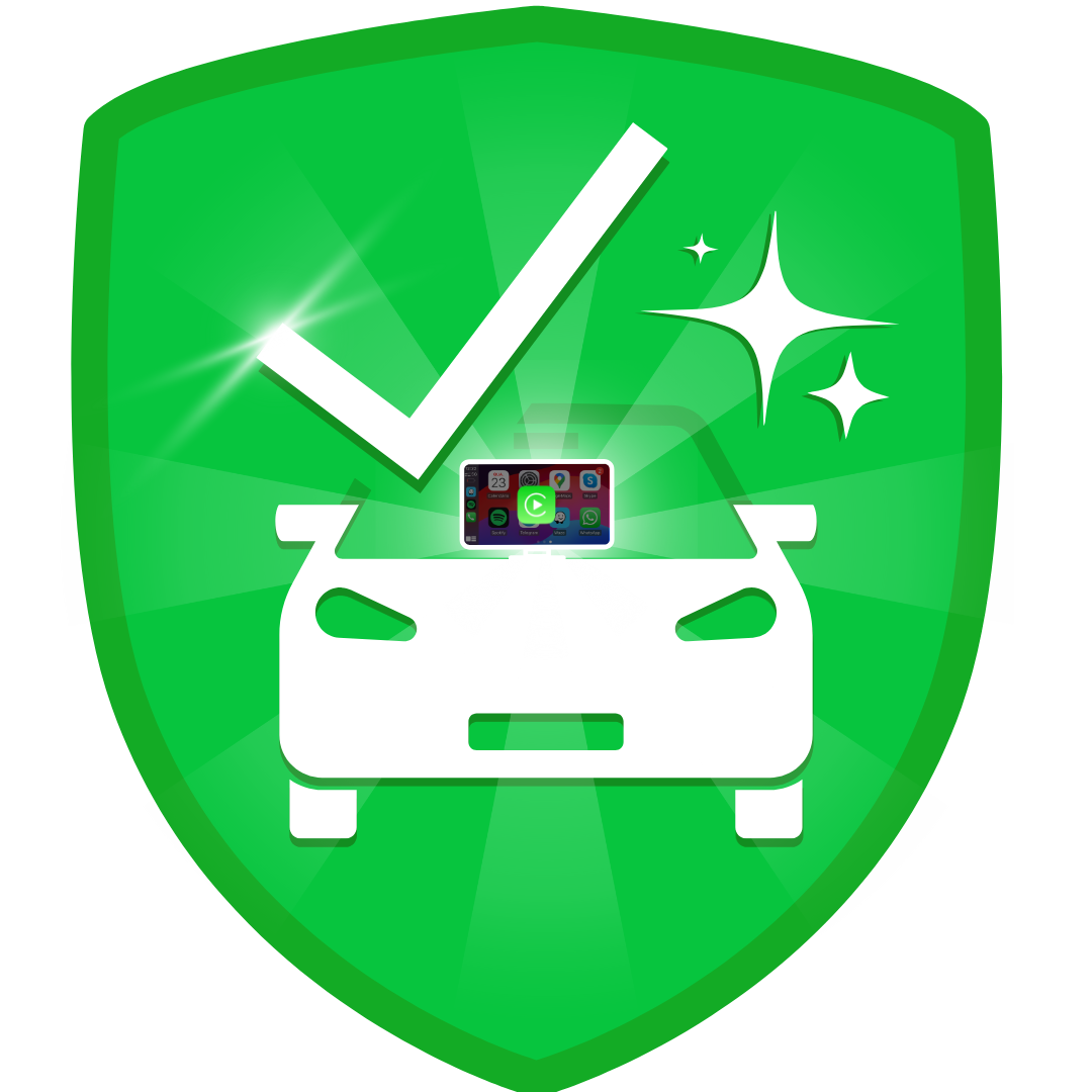 Ícone de escudo verde com um carro e um visto, símbolo da garantia Carlega