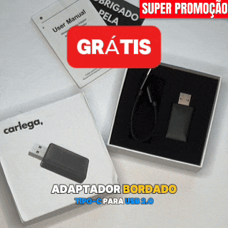 Caixa da Pen Carlega com o manual e o adaptador Tipo-C para USB 2.0 oferecido