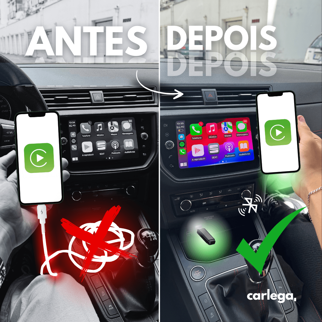 Comparação antes e depois: telemóvel ligado por cabo e depois sem fios com a Pen Carlega