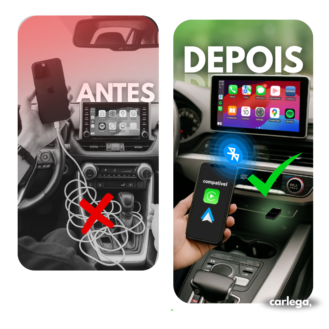Comparação antes e depois: o carro cheio de cabos e depois ligado sem fios com a Pen PRO
