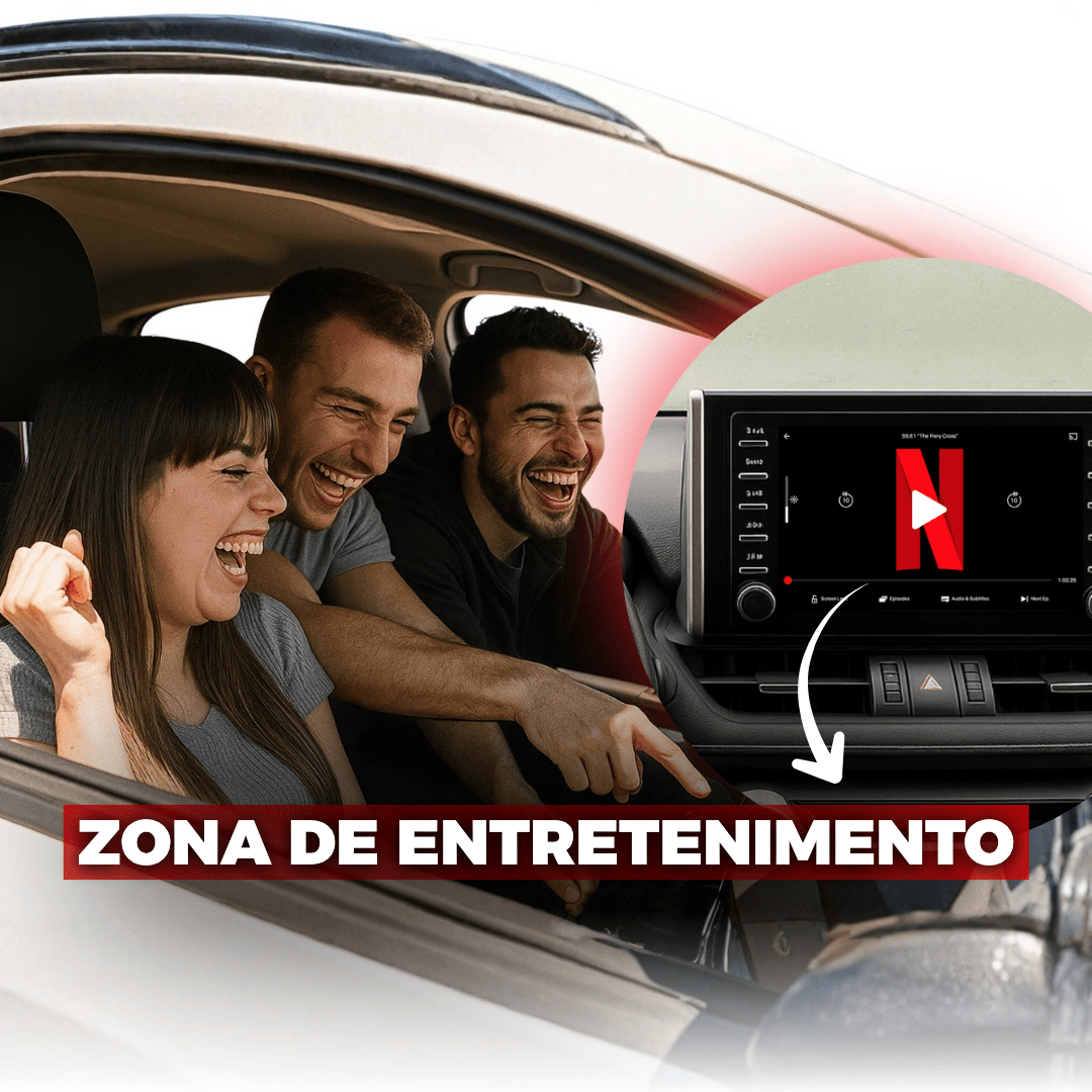 Amigos a rir dentro do carro a ver Netflix no ecrã, pela Pen PRO Carlega
