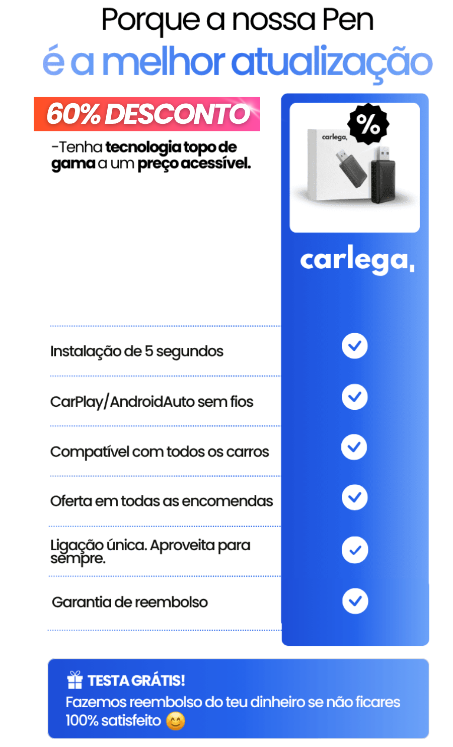 Tabela da Pen Carlega: instalação em 5 segundos, CarPlay e Android Auto sem fios, compatível com todos os carros e garantia de reembolso