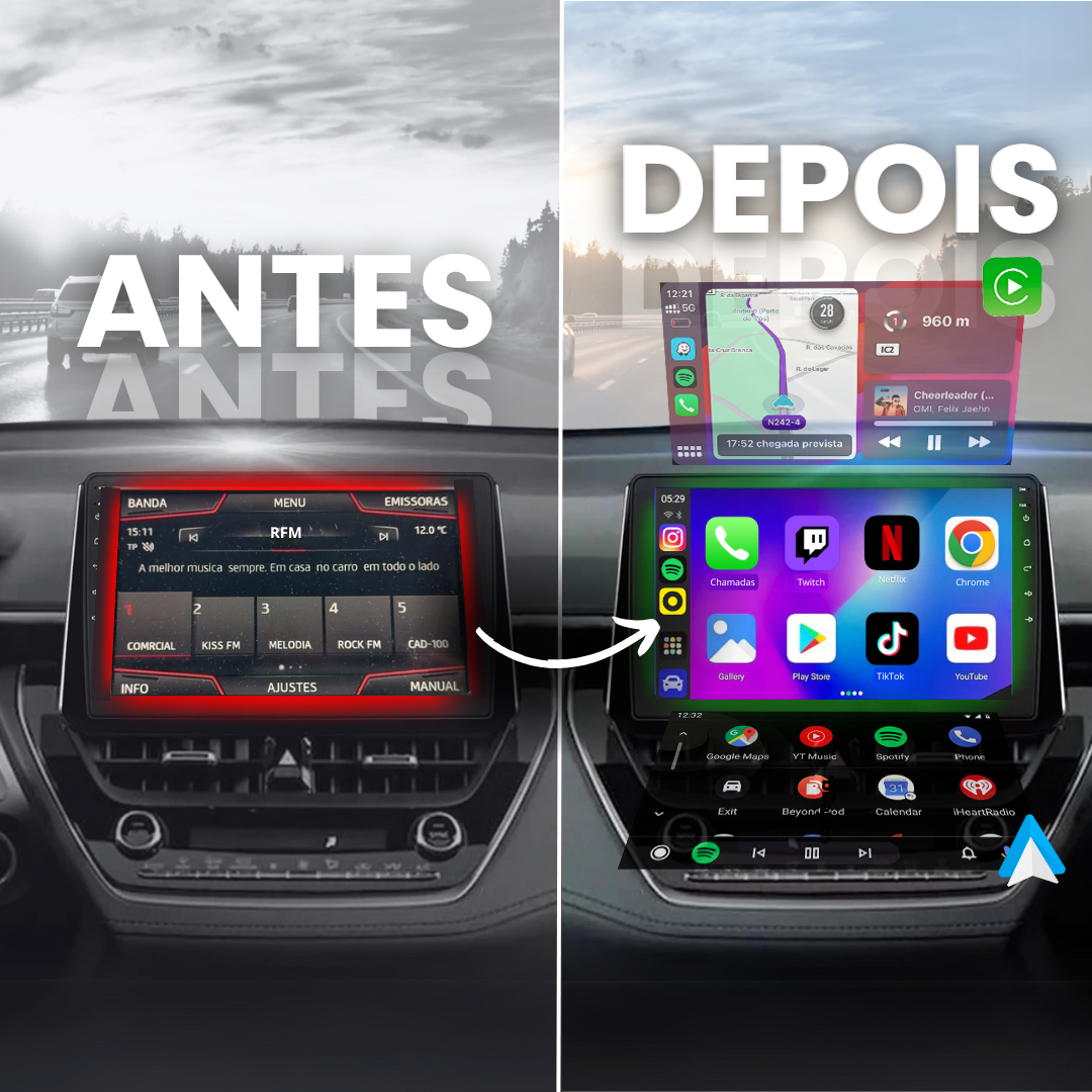 Comparação antes e depois do ecrã original do carro, com o rádio antigo e com a Smart Box Carlega