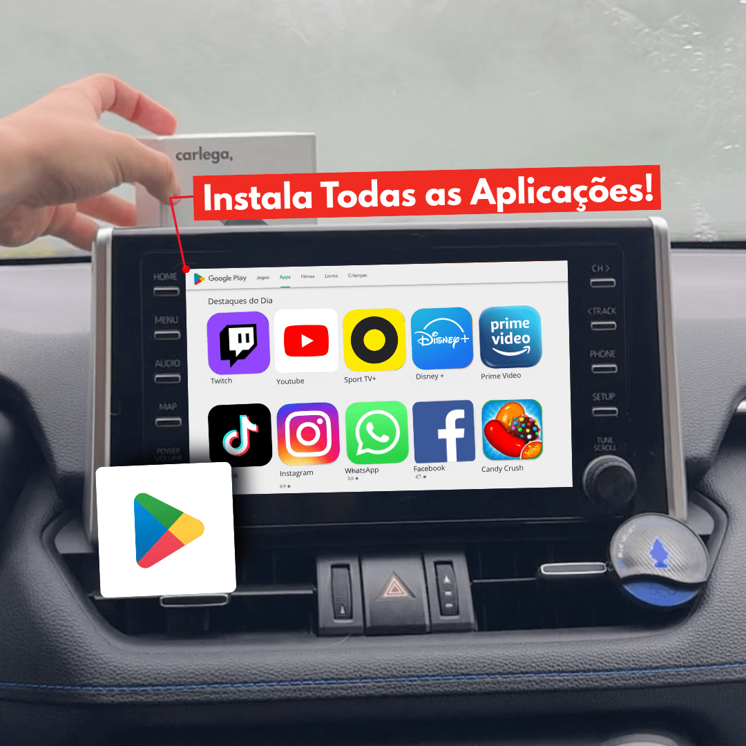 Smart Box Carlega a instalar aplicações da Google Play no ecrã do carro