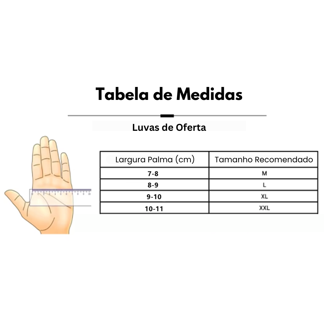 Tabela de medidas das luvas Carlega oferecidas, com a largura da palma e o tamanho recomendado